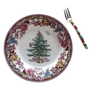 Vintage Spode Christmas Tree Grove Salad Plate 1938 & Handmade Wired Fork Set